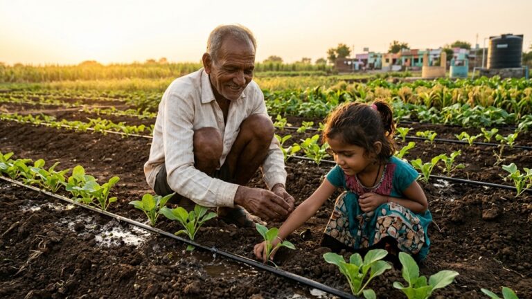 Agricultor enseña a su nieta técnicas de riego por goteo para optimizar el agua y asegurar el futuro de sus cultivos.